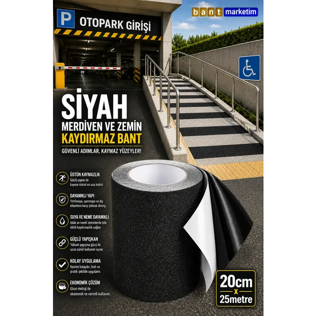 Siyah Merdiven Ve Zemin Kaydırmaz Kaymaz Bant 200mm X 25mt